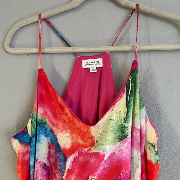 Tahari Maxi Dress Size Large Satin Floral Multicolor Thin Straps V-Neck - Picture 2 of 9